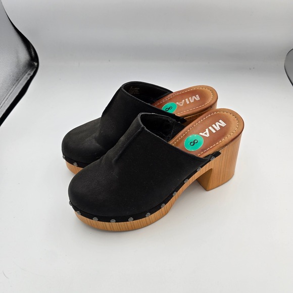 MIA Shoes - MIA Black Vegan Leather Studded Platform Clogs Wood Block Heel Mules Mens Size 8
